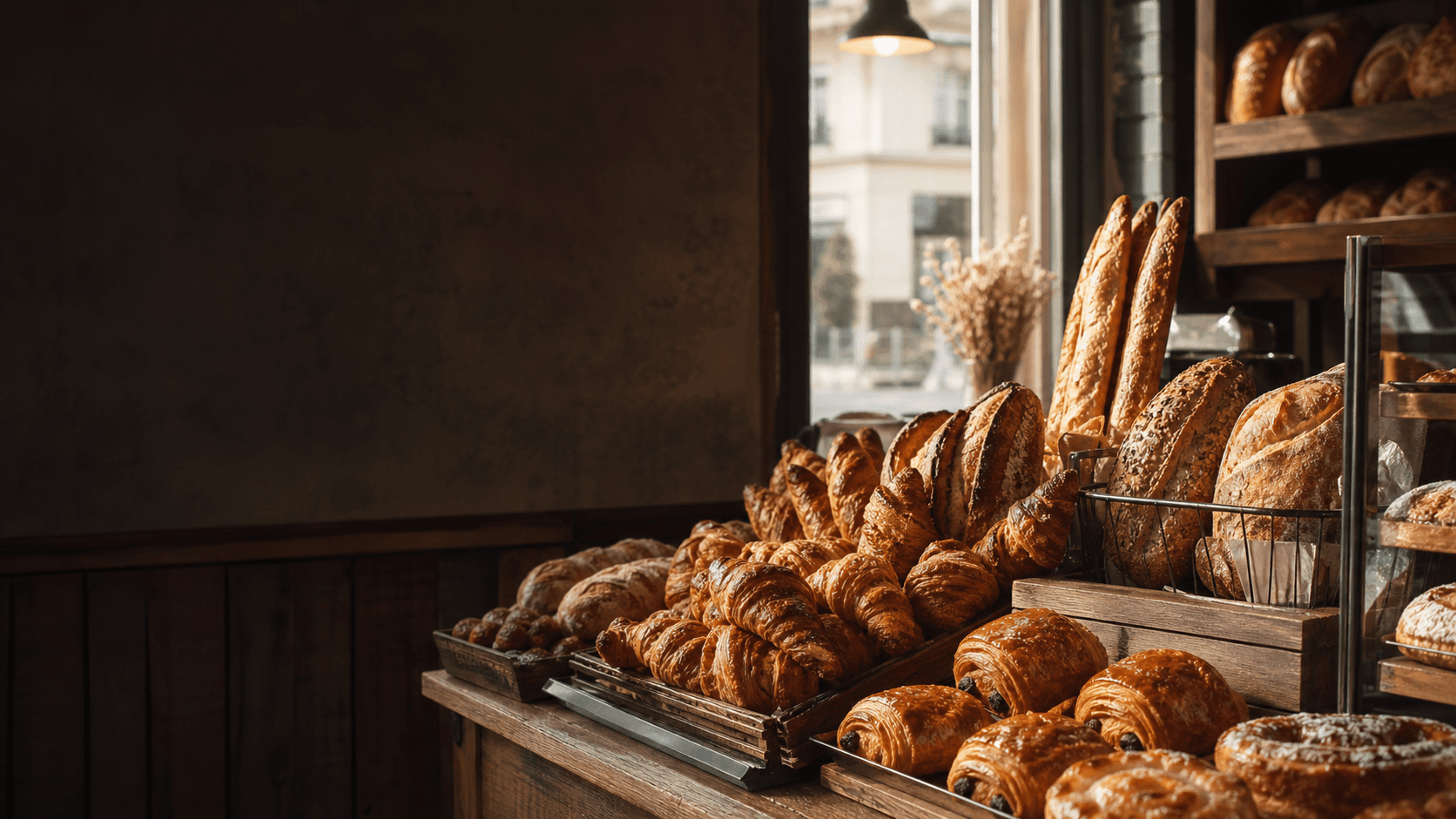 Comptoir de boulangerie avec croissants, pains au chocolat, baguettes et pains artisanaux
